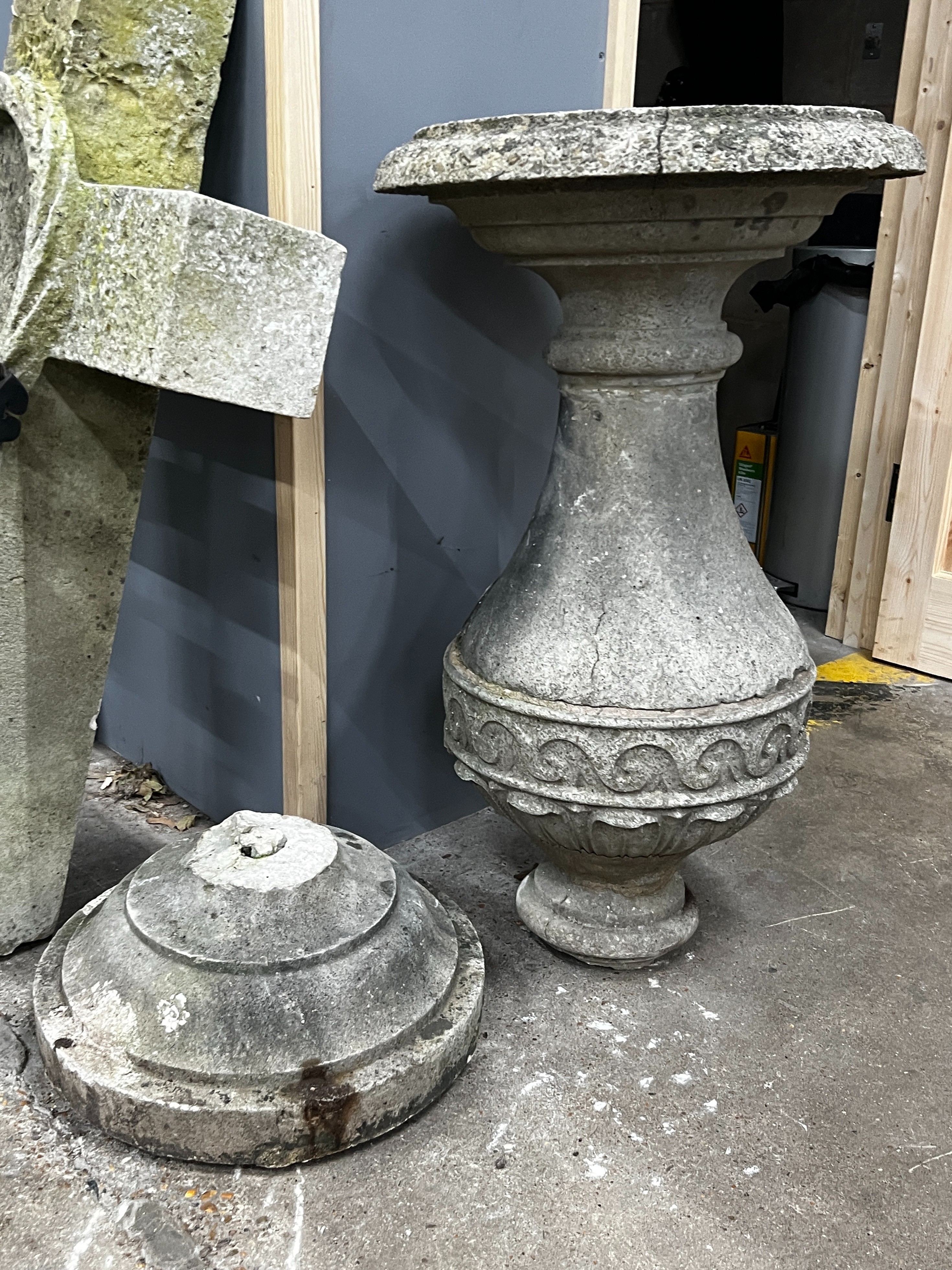 A reconstituted stone baluster sundial base, diameter 49cm, height 107cm (a.f.)